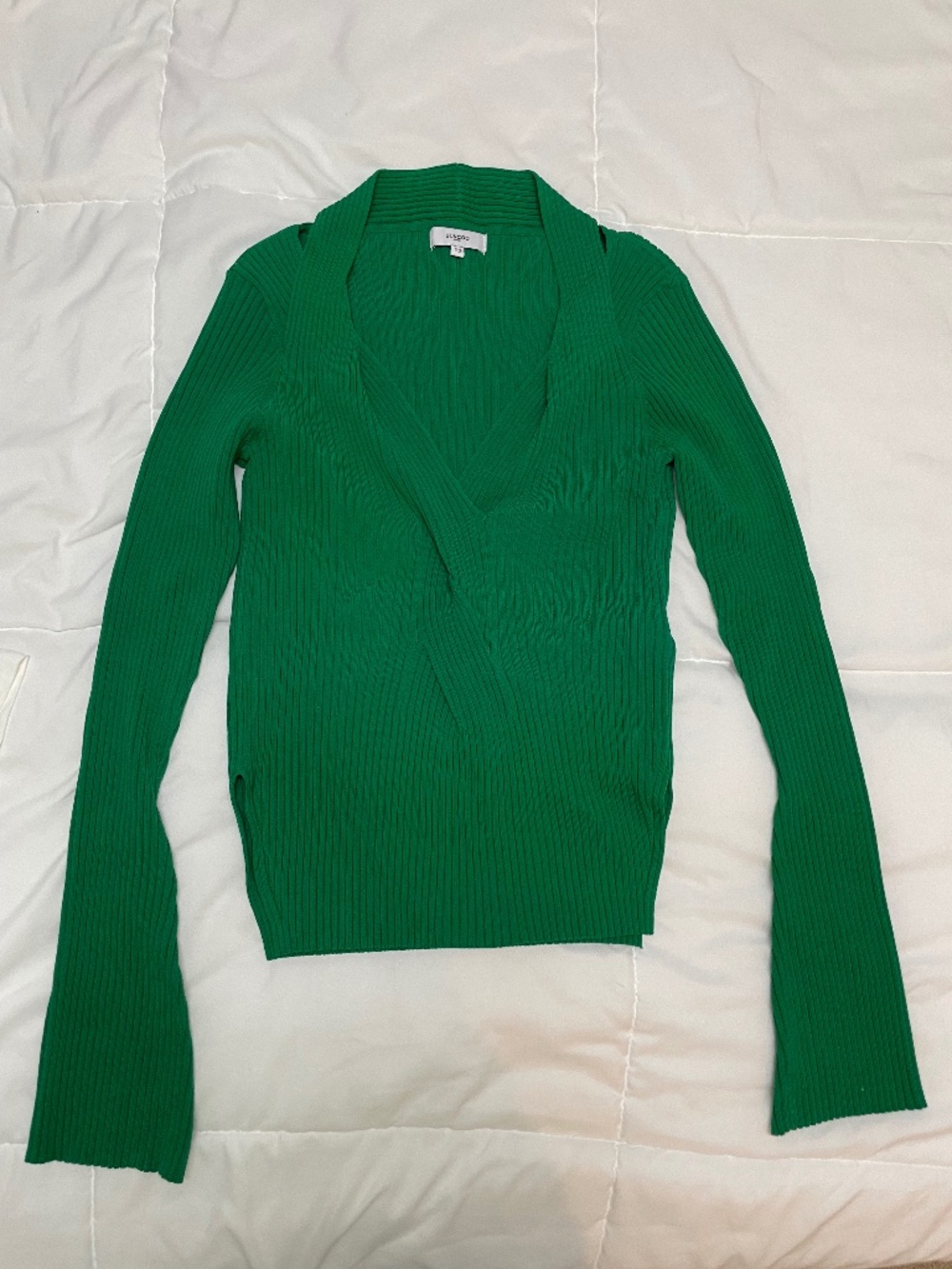 Suncoo Emerald Green Ribbed Knit Crossover Long Sleeve Top Size T2 Med